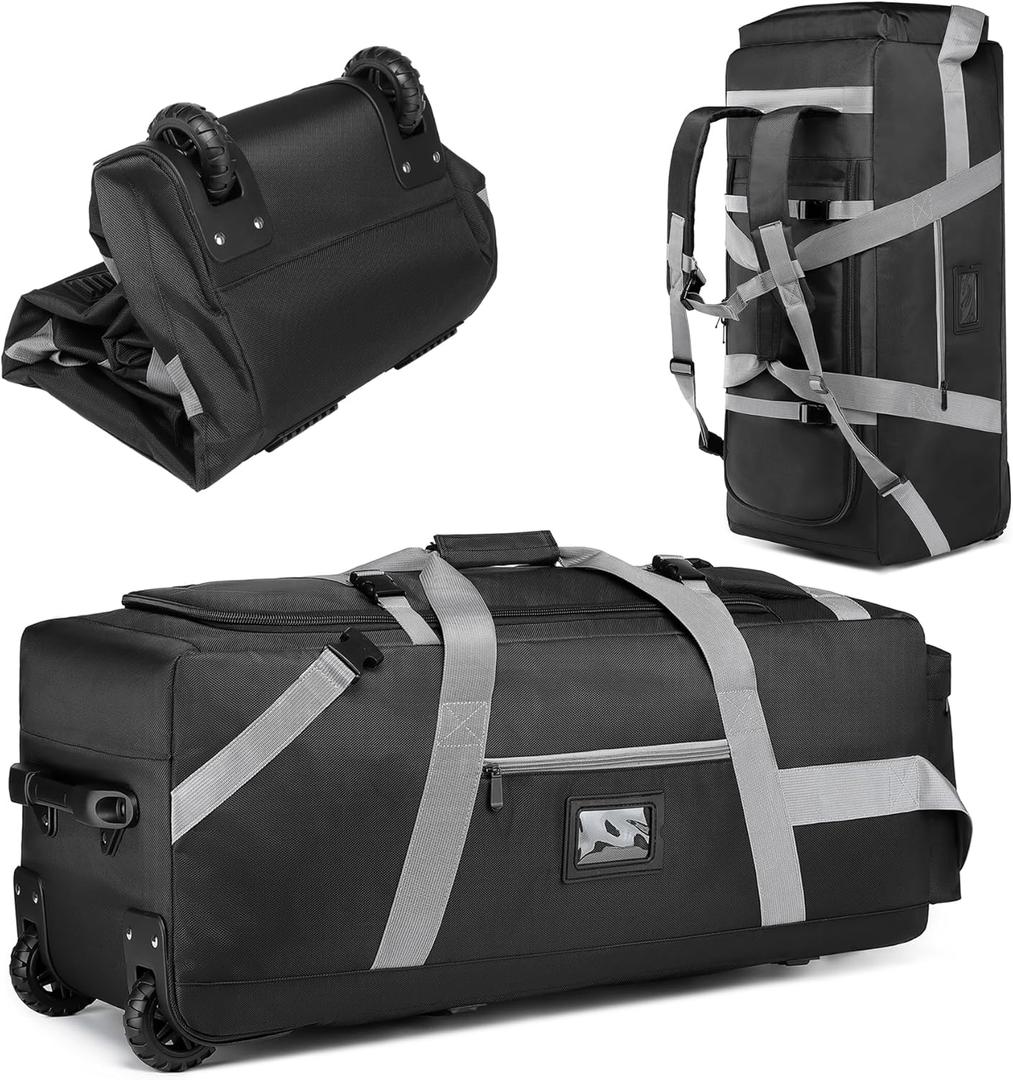 89L Large Duffel Bag With Wheels, Soft Foldable Roller Duffle Bag For Travel, Campaing& Sports, Two Dividers, with Backpack Straps, 30.7in*12.6in*13in