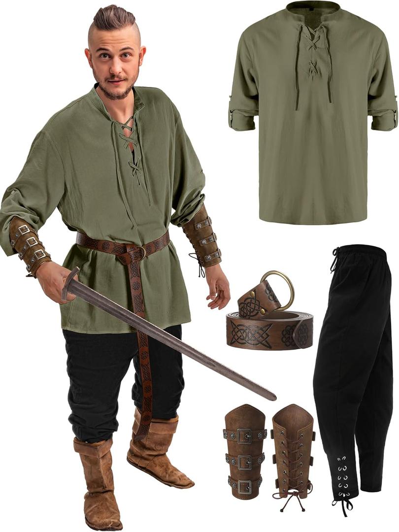 Jiuguva 4 Pcs Halloween Men's Renaissance Costume Set Medieval Pirate Shirt Ankle Banded Pants Viking Belt Accessories (Large, Vivid Color)