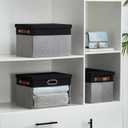 Fabric Clear Window Storage Bins with Lid, Closet Storage Box Linen Closet Baskets with 3 Handles for Organizing Clothing, Jeans, Shelves 15''- 3 Pack (Gray and Black)