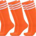 Dxhycc 3 Pairs Kids Soccer Socks Striped Knee High Socks Baseball Softball Socks Youth Athletic Socks for Boys Girls (Orange/White)