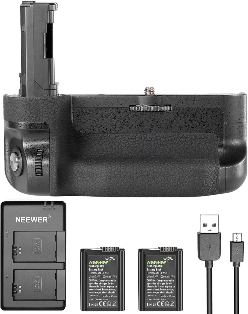 Neewer Vertical Battery Grip Replacement for Sony VG-C2EM, Compatible with Sony A7 II A7S II and A7R II Cameras with 2 Pieces 7.4V 1100mAh NP-FW50 Rechargeable Li-ion Batteries and Dual Charger