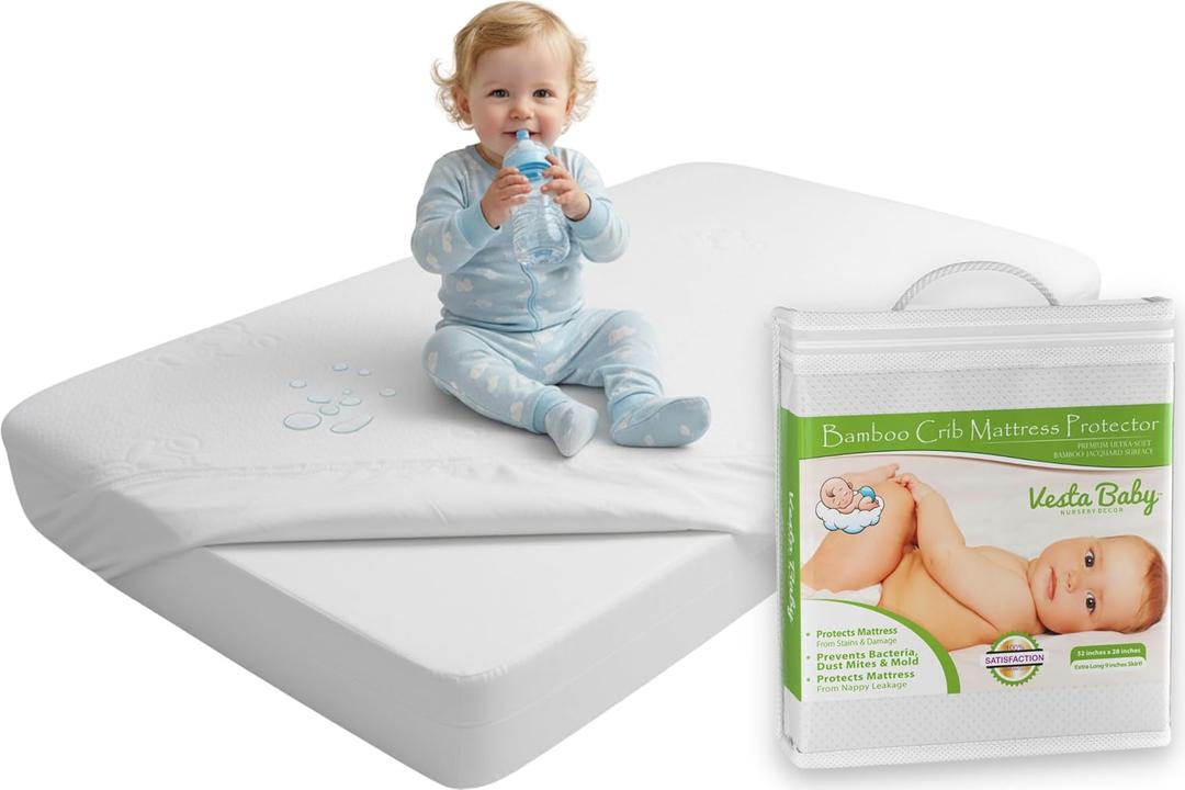 Vesta Baby Crib Mattress Protector - 52” x 28” Noiseless Waterproof Pad Cover - Absorbent Soft Jacquard Bamboo Rayon Fitted Sheet for Infant & Toddler Bed Potty Training