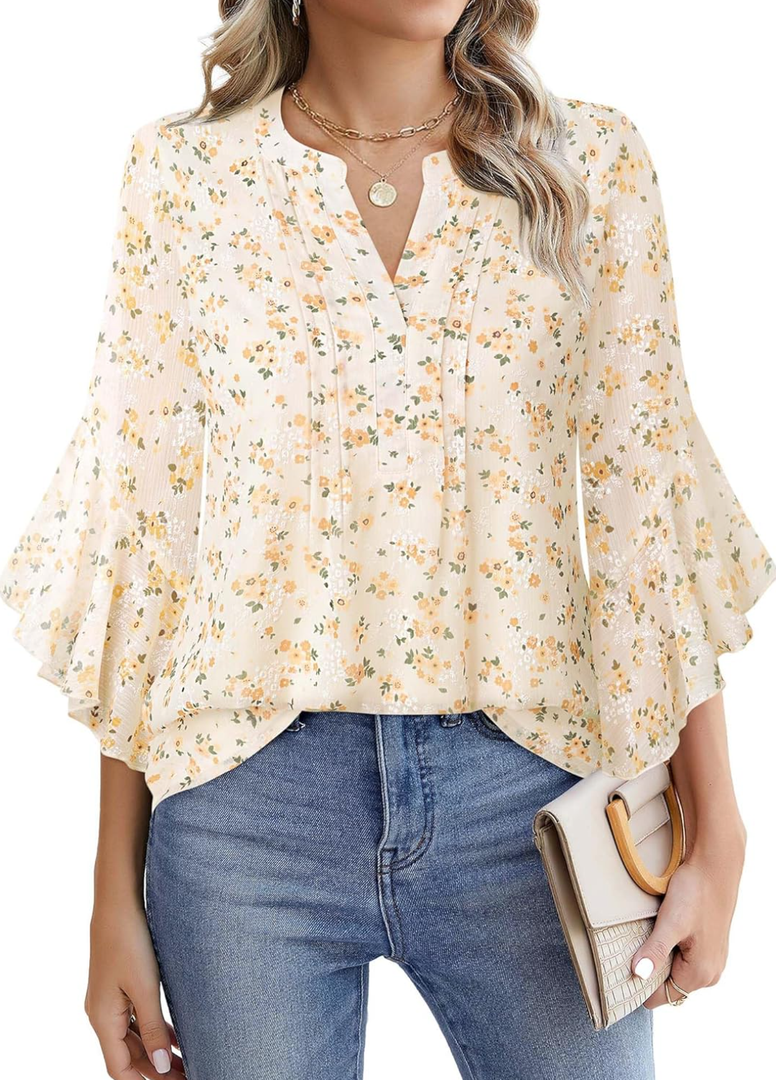 Timeson Women's 3/4 Sleeve Tops Dressy Casual Business Work Blouses Chiffon Office Shirts, Size M