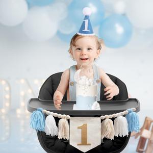 First Birthday Party Decorations Blue Highchair Wood Bead Tassel Garland 1st Birthday Crown Cake Topper (Khaki Banner)