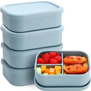 Honeydak 4 Pcs Silicone Bento Box Reusable Silicone Bento Lunch Container for Adults Microwave Dishwasher Freezer Safe 3 Compartment (Blue)