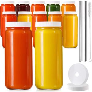 12 PACK, 16 OZ Glass Juice Bottles with Airtight Lids, Bonus 2 Straws & Perforated Lids, Reusable Juicer, Juicing Bottles - Clear Drinking Jars Cups, Water Bottle, Travel Juice Container, White Caps