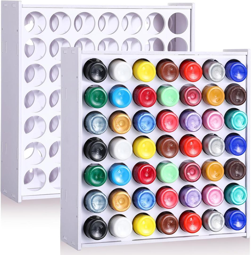 Hicarer 2 Pcs 49 Holes Craft Paint Storage Organizer Thickening Vertical Painting Rack Stand Wall Mounted Holder Rack Removable 2oz Paint Bottle Organizer for Art Supplies