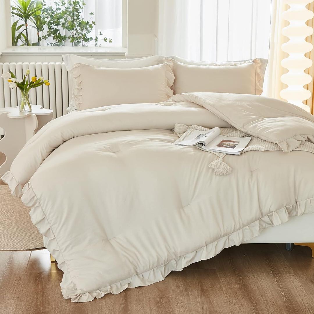 Litanika Comforter Full Size Set Beige, 3 Pieces Ruffle Lightweight Bedding Comforter Set, Fluffy Bed Set (79x90In Comforter, 2 Pillowcases)