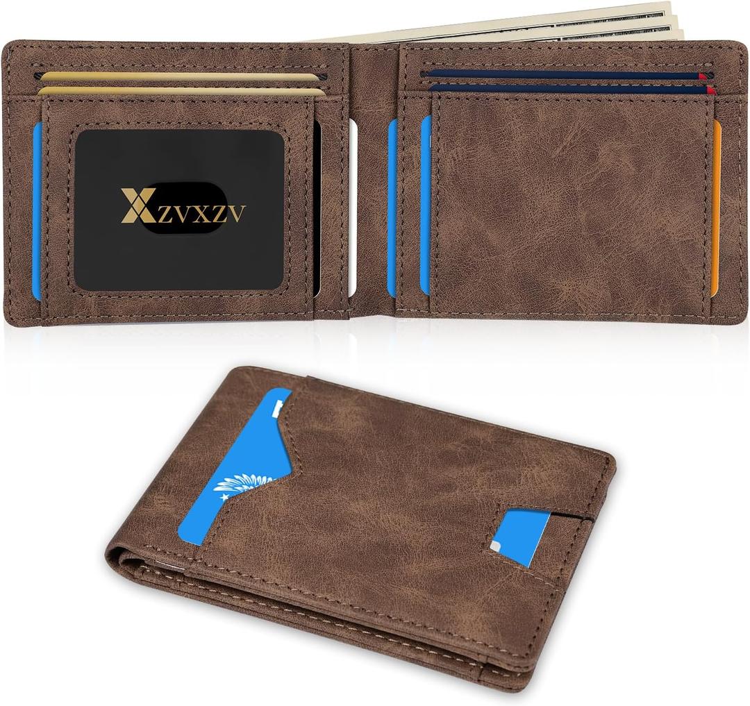 Man Slim Wallet Leather Money Clip RFID Blocking Front Pocket Minimalist Bifold Wallet Thin Credit Card Holder Coffee