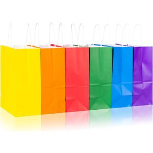 PakTalk [24 Pack Gift Bags Medium Size 8x4.25x10.5 inches Paper Party Favor Bags 6 Colors Red Orange Yellow Green Blue Purple Goodie Bags for Birthday, Wedding, Baby Shower, Party Supplies (Multi)