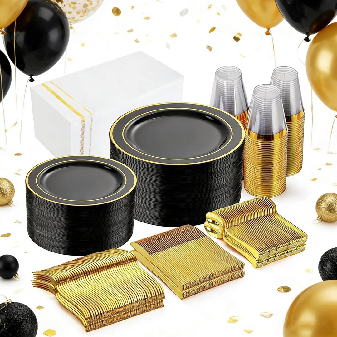GATHER 350PCS Black Plastic Plates - Black and Gold Disposable Dinnerware Set Include 100 Plates, 150 Gold Silverware, 50 Napkins, 50 Cups for Party & Wedding & Birthday & New Year