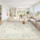 Area Rug 9x12 Washable Rug, Vintage Boho Medallion Rugs Non-Slip Soft Low Pile Large Distressed Rug Indoor Retro Carpet for Living Room Bedroom Dining Room Home Office(Cream/Light Blue, 9'x12')