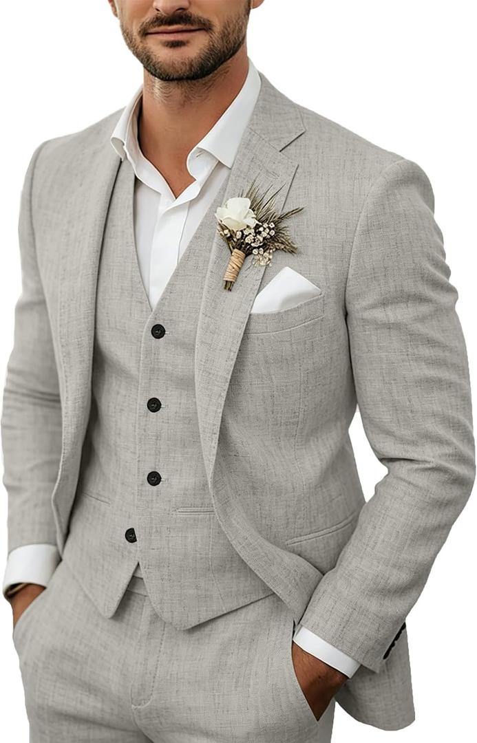 Men's 3 Piece Linen Suits Casual Lightweight Blazer Jackets Vest Pants Set for Wedding Business Prom Suit, M