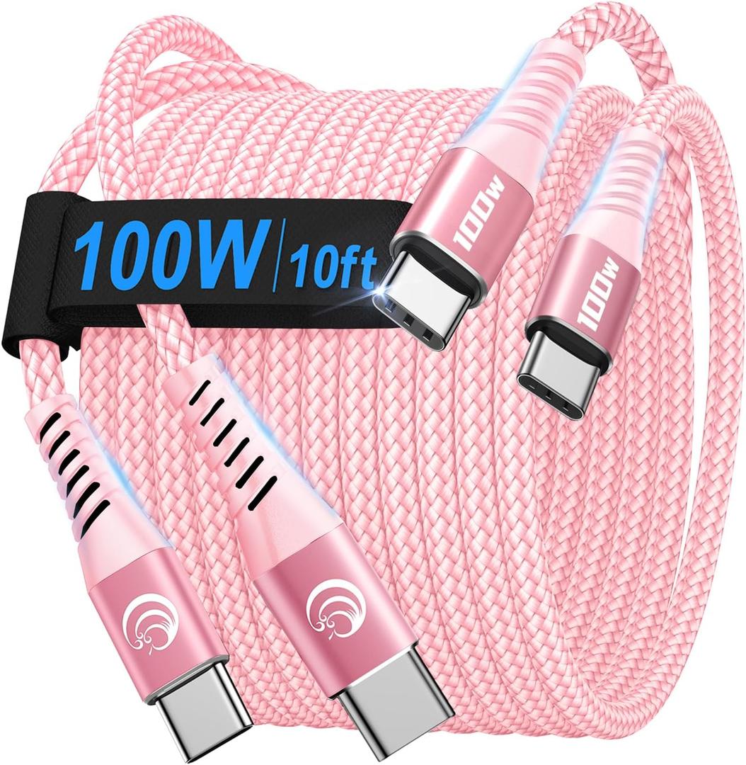 USBC to USBC 100W [10ft/2 Pack] USB C to USB C Fast Charging Cable Braided C to C Charger Cord for MacBook Pro/Air, iPhone 16 15 Pro Max Plus,iPad Pro,Samsung Galaxy S25 Ultra S24 S23,Pixel,PS5,Switch (Pink)