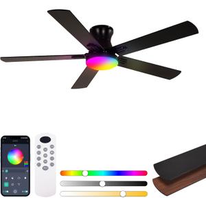 52 Inch Black Ceiling Fans with Lights, RGB Ceiling Fan with Remote and App,Flush Mount Low Profile, Dimmable 35W LED, Reversible, Smart Ceiling Fan for Bedroom Nursery Living Room Apartment