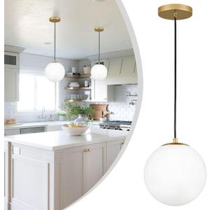 KoKo&Yukina 10" Globe Pendant Light Gold Mid Century Pendant Light Glass Globe Mid Century Modern Light Fixture Brushed Brass Finished with Milk Glass Lampshade for Dining Room Bedroom