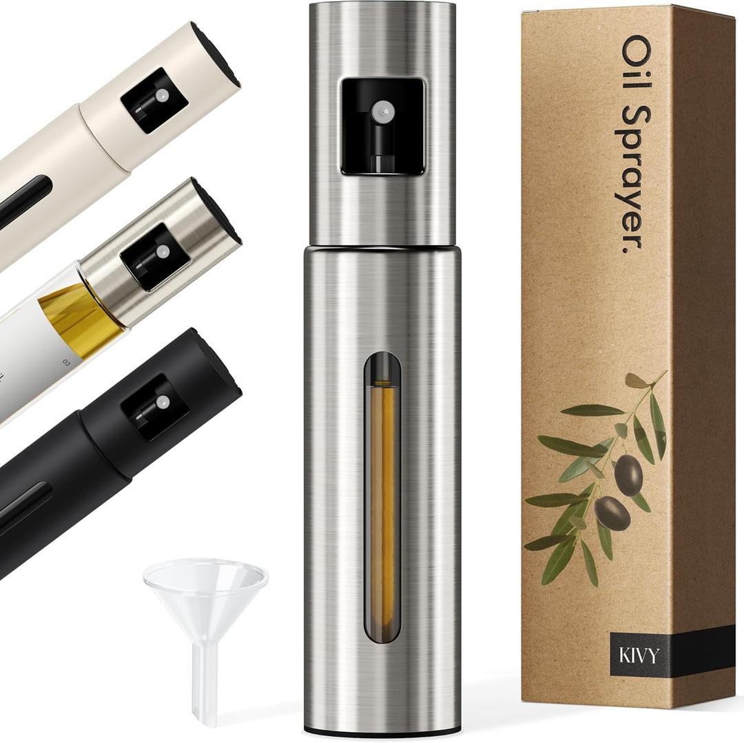 KIVY Glass Oil Sprayer for Cooking Precise Oil & Vinegar Spray Bottle Oil Mister Spray Bottle for Food Includes Funnel Perfect for Cooking & Air Fryer (Brushed Stainless Steel)