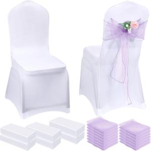Mepase 100 Pcs Chair Covers Stretch 50 Spandex Chair Covers and 50 Sashes Set Chair Bows Sashes Tie for Wedding Banquet Dining Kitchen Party Table Reception Decorations(Purple)