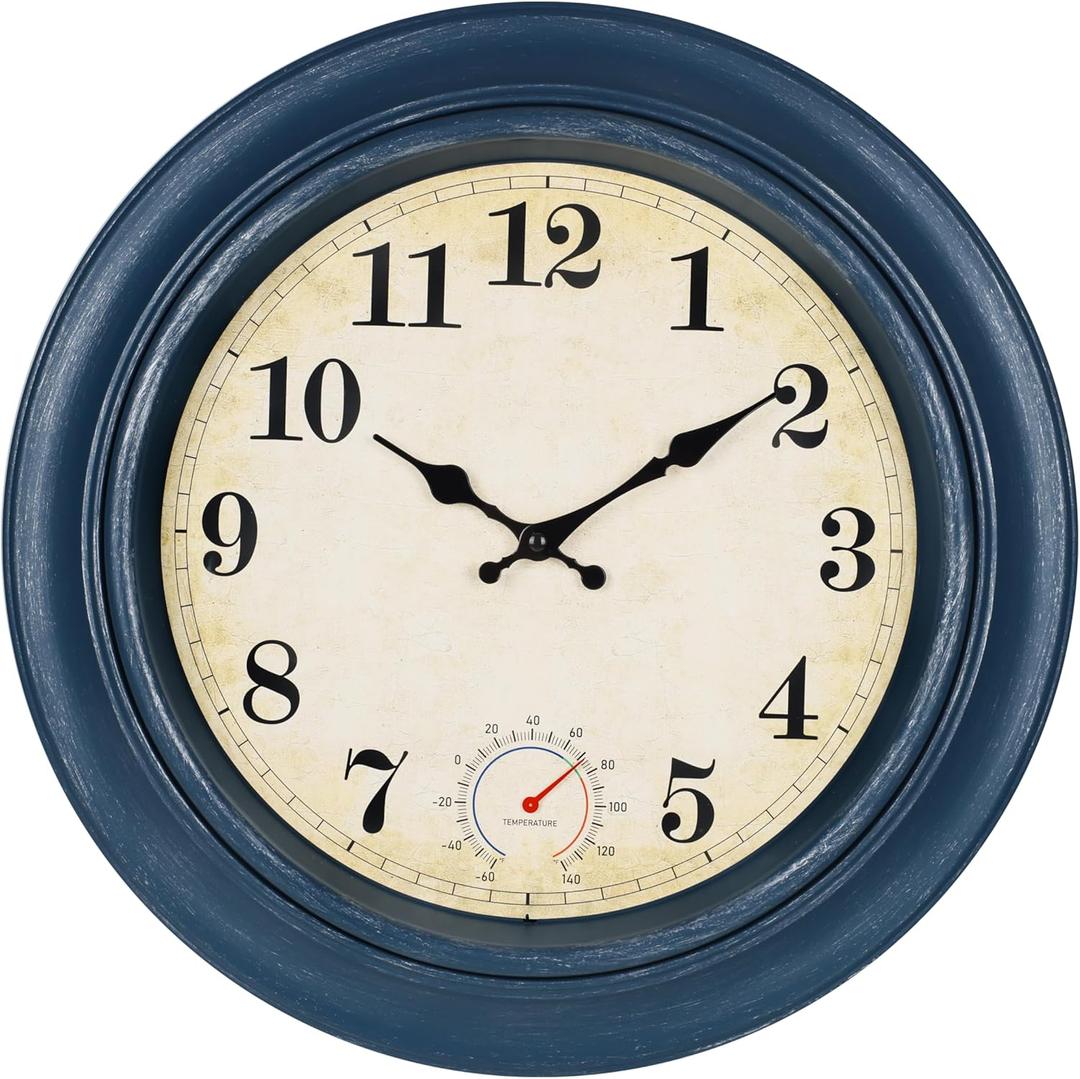 Large Outdoor Clocks Waterproof with Thermometer Combo Rustic Coastal Wall Clock Decor for Patio Pool Bathroom (18 Inch,Blue)