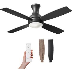 Consciot 52 Inch Ceiling Fan With Lights, Modern Black Ceiling Fan, Remote Control, Quiet Reversible DC Motor, Flush Mount, Dimmable 3CCT LED Light, Double Finish Blade, For Indoor Bedroom Living Room