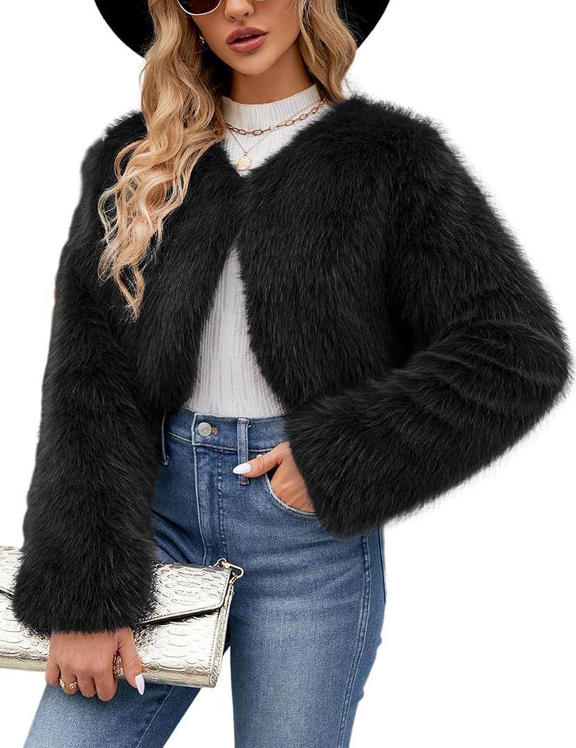 Gihuo Women's Winter Cropped Faux Fur Coat Long Sleeve Open Front Cardigan Fleece Jackets Shaggy Parka Outerwear (Black)