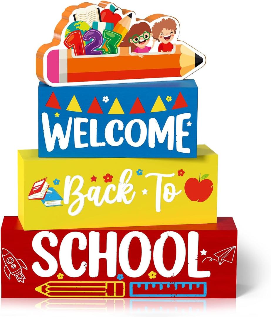 2 x Welcome Back to School Table Decorations, 1st Day of School Wooden Block Sign Pencil Centerpieces for Party, The First Day Banner, Classroom Decor for Kids Teacher Desk Gifts, Tiered Tray and TableTop