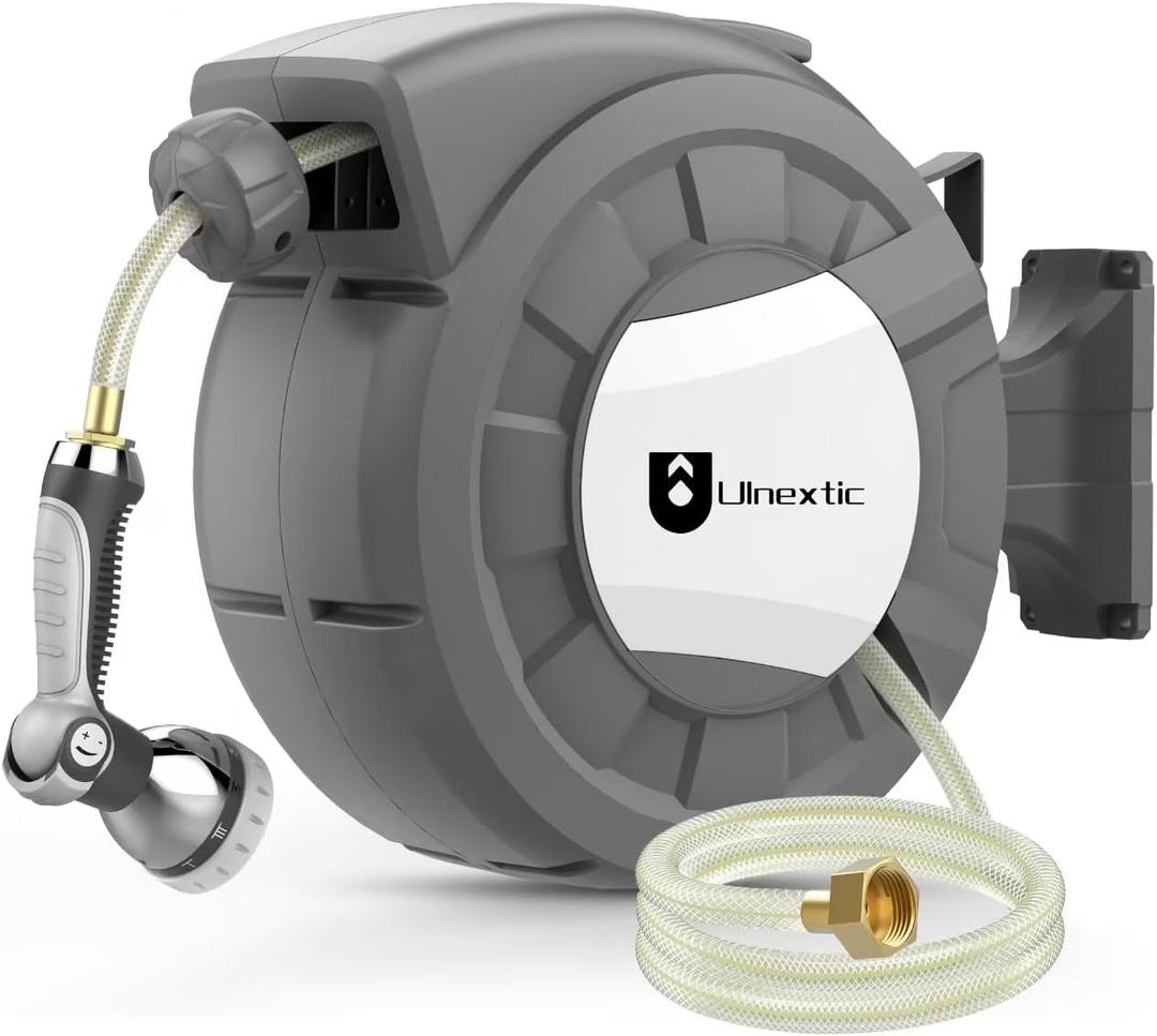 Retractable Garden Hose Reel, 1/2 in x 100 ft Wall Mounted Hose Reel, 10-Pattern Spray Nozzle, Any Length Lock/Slow Return System/Wall Mounted/180Swivel Bracket