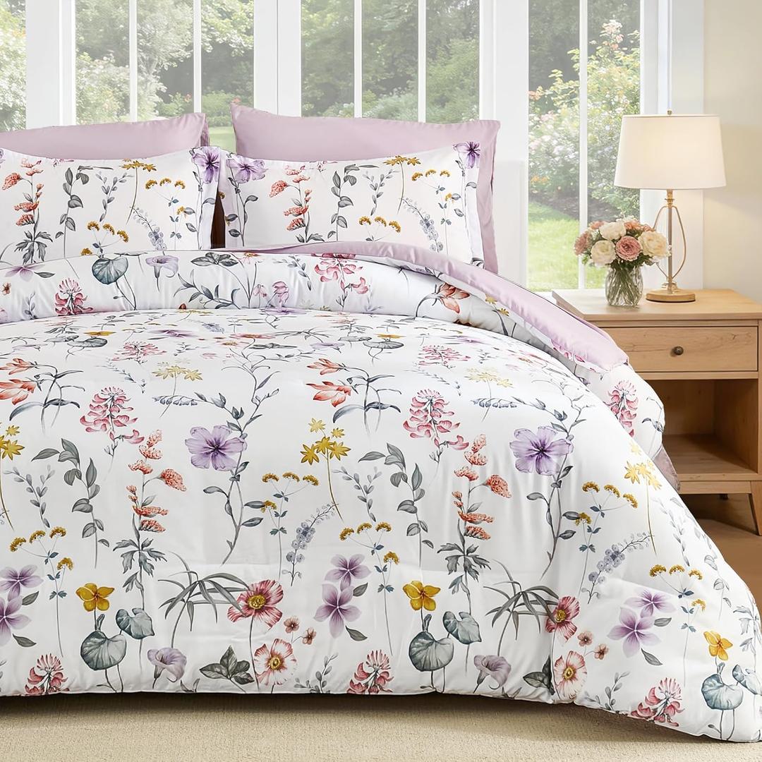 DJY Queen Comforter Set, White Botanical Floral Bedding Comforter Sets Queen Size for All Seasons, 7 Pieces Bed in a Bag Lightweight Microfiber Comforter Set with Sheets Pillowcases & Shams