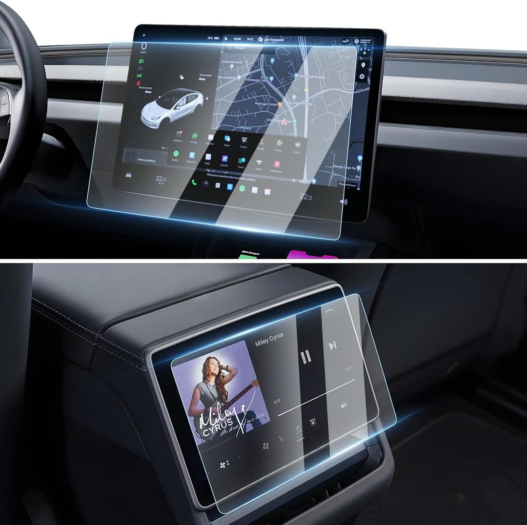 [Upgrade] 2 Pack Screen Protector for Tesla Model Y Juniper 2025~2026 / 2024~2025 2026 Model 3 Highland Screen Protector 15.4-Inch Front & 8-Inch Rear Touchscreen Tempered Glass Tesla Juniper Accessories