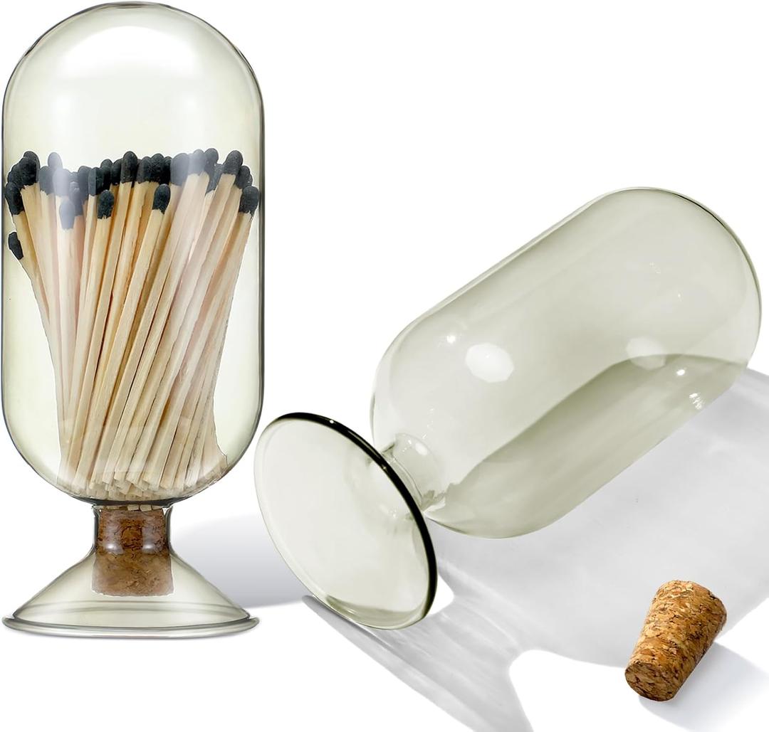 Smoke Grey Glass Match Cloche Holder Decorative Matches Jar Trendy Fireplace Display Decor, Not Include Sticks(7 x 2.95 Inch)