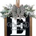Last Name Year Round Front Door Wreath Front Porch Decoration 26 Letter Welcome Sign with Eucalyptus Garland and Bow Spring Wreaths for Front Door Outside Hanger Garland E