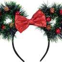 Dark Green Christmas Mouse Ear Headband With Bow And Led Light -Christmas Headband With Apple Red Bow Element For Women Girls Xmas Party Costume Play, Dark Green Ears