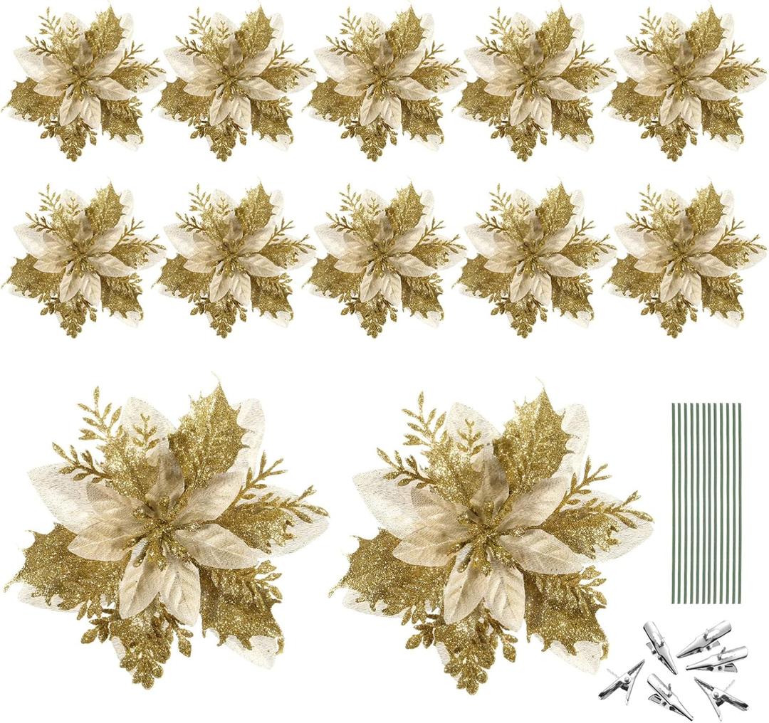 NUOBESTY 12 Golden Christmas Glitter Poinsettia Flowers Artificial Flowers for Christmas Tree Decor with Stems & Clips