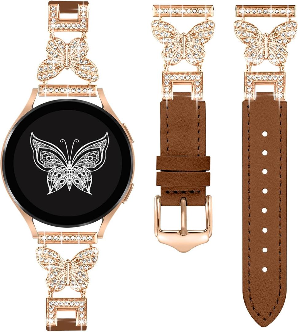 Leather Band Compatible for Samsung Galaxy Watch 7/6/5/4 40mm 44mm/Watch 4/6 Classic/5 Pro/Active 2, 20mm Dressy Watch Strap with Bling Butterfly Metal Buckle for Women (Brown 1/Butterfly)