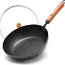 WANGYUANJI 11-Inch Carbon Steel Frying Pan with Beech Wooden Handle & Glass Lid - Physical Non-Stick, Non-Coating Skillet for Induction, Sauting, Frying, Stir-Frying (Black)
