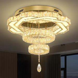 Flashing God Modern Crystal Chandeliers Dia 24" Gold Ceiling Chandelier Flush Mount Crystal Ceiling Light for Bedroom Living Room Dining Room Hallway LED Dimmable
