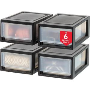 IRIS USA 6 Qt. Plastic Drawer Storage Organizer Stacking Drawers, 4-Pack, Stackable Unit with Sliding Drawer for Clothes Bedroom Kitchen Under Sink Pantry Craft Room Bathroom Dorm Office, Black
