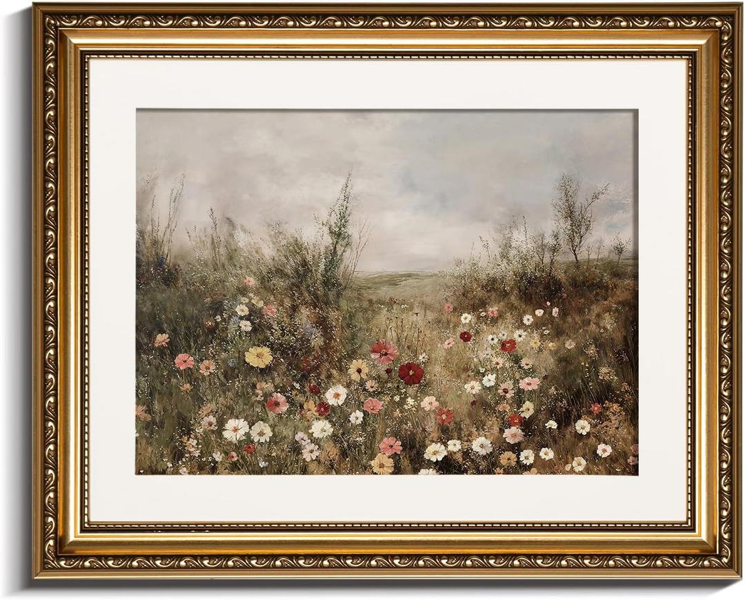 InSimSea Gold Picture Framed Wall Art, Living Room Classical Wildflower Field Meadow Flowers Canvas Print Wall Decor, Vintage Landscape Home Farmhouse Decor, Antique Paintings with Frame 13x16inch
