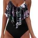 SUUKSESS Women Slimming Ruffle One Piece Swimsuits Ruched Tummy Control Bathing Suits (Medium, #1 Tropical Floral Black)