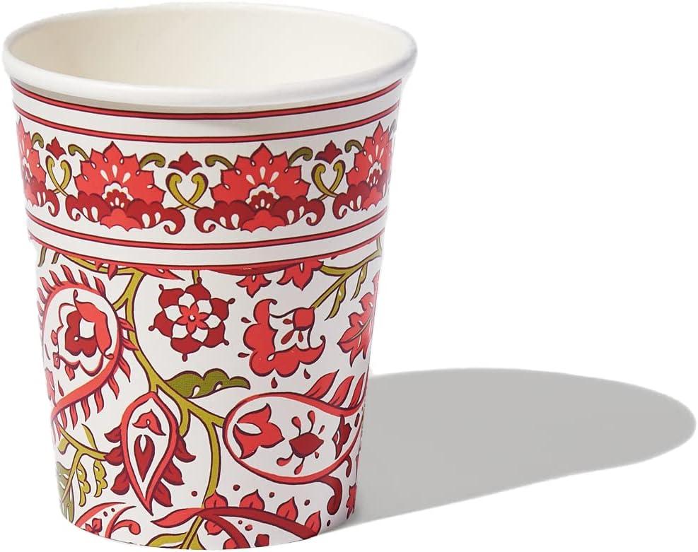 2 x Coterie Paisley Paper Cups (Set of 10) - Red and Green Floral Fancy Cups for Christmas, Holidays, Bridal Showers, and More - Winter Floral Party Supplies | 9oz