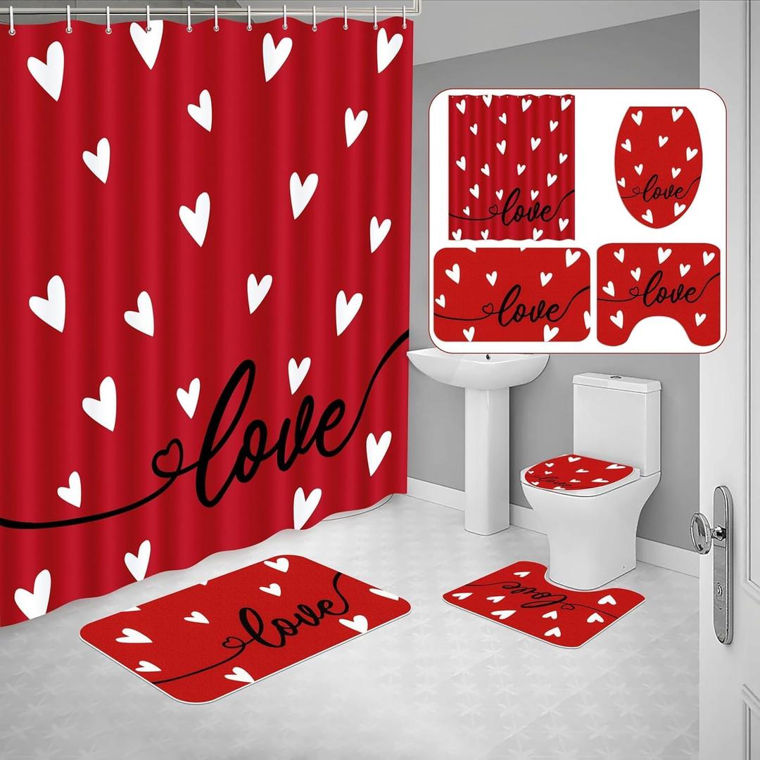 4PCS Valentine's Day Red Love Shower Curtain,with Non-Slip Rugs,Toilet Lid Cover and Bath Mat,Valentines Holiday Bathroom Shower Decor Accessory Set