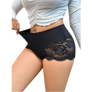 OYOANGLE Women's Plus Size Contrast Lace Boyshorts Mid Rise Tummy Control Panties Underwear Black 3X-Large Plus