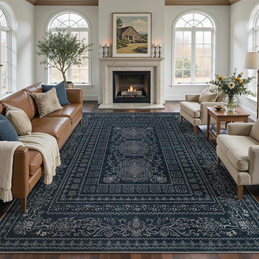 Nakagishi Neutral 9x12 Area Rugs for Living Room Washable, Navy