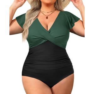 Yonique Plus Size One Piece Swimsuits For Women Tummy Control Bathing Suits Full Coverage Swimwear (Green and Black01, 18W)