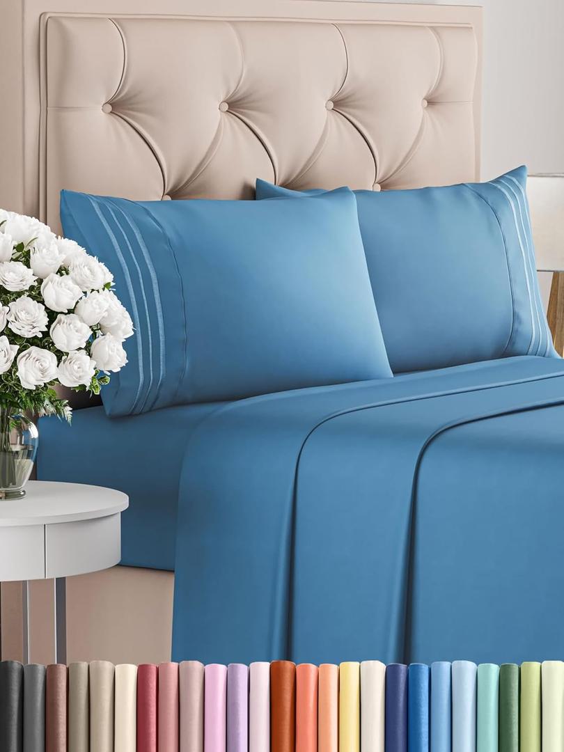 Twin 4 Piece Sheet Set - Comfy Breathable & Cooling - Ultra-Soft Hotel Luxury Bedding Set with 8-16 Inch Deep Pockets - 1 Flat & 1 Fitted Sheet & 2 Pillowcases - Wrinkle Free & Easy Care - Denim Blue
