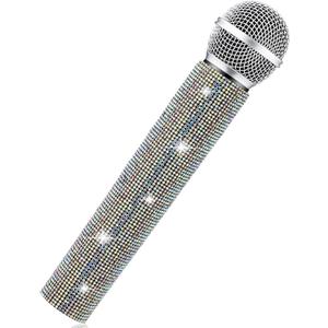Sanwuta Fake Microphone Prop Sparkly Bling Rhinestones Plastic Play Microphone Pretend Glitter Bedazzled Mic for Cosplay Party Costume(AB Color)