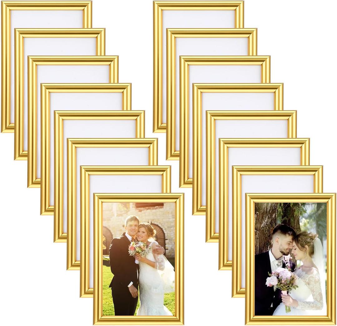 16 Pcs 4 x 6 Picture Frames, Gold Modern Simple Designed Photo Frame for Pictures with Resin Glass for Wall Mount Tabletop Display Home Office Hotel Decoration (Gold)