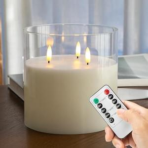 AFINETH Extra Large Flameless Candles with 3 Wicks, 6"x6" Glass Battery Operated Candles with Remote, Real Wax Flickering LED Candles Fake Candle for Home, Wedding, Party, Clear : Tools & Home Improvement