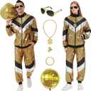 Ezuwail Mens 70s Outfit Track Suits Men Festival Halloween Cosplay Costume Disco Outfits Holiday Women Tracksuit 80s Clothing 7pcs(Gold/ S)
