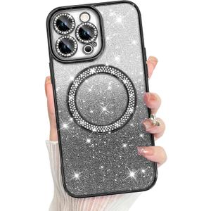Bonoma Compatible with iPhone 14 Pro Max Case Support for MagSafe, Plating Diamond Glitter Magnetic 2* Screen Protector Camera Protection Back Cover for Girls Women -Black